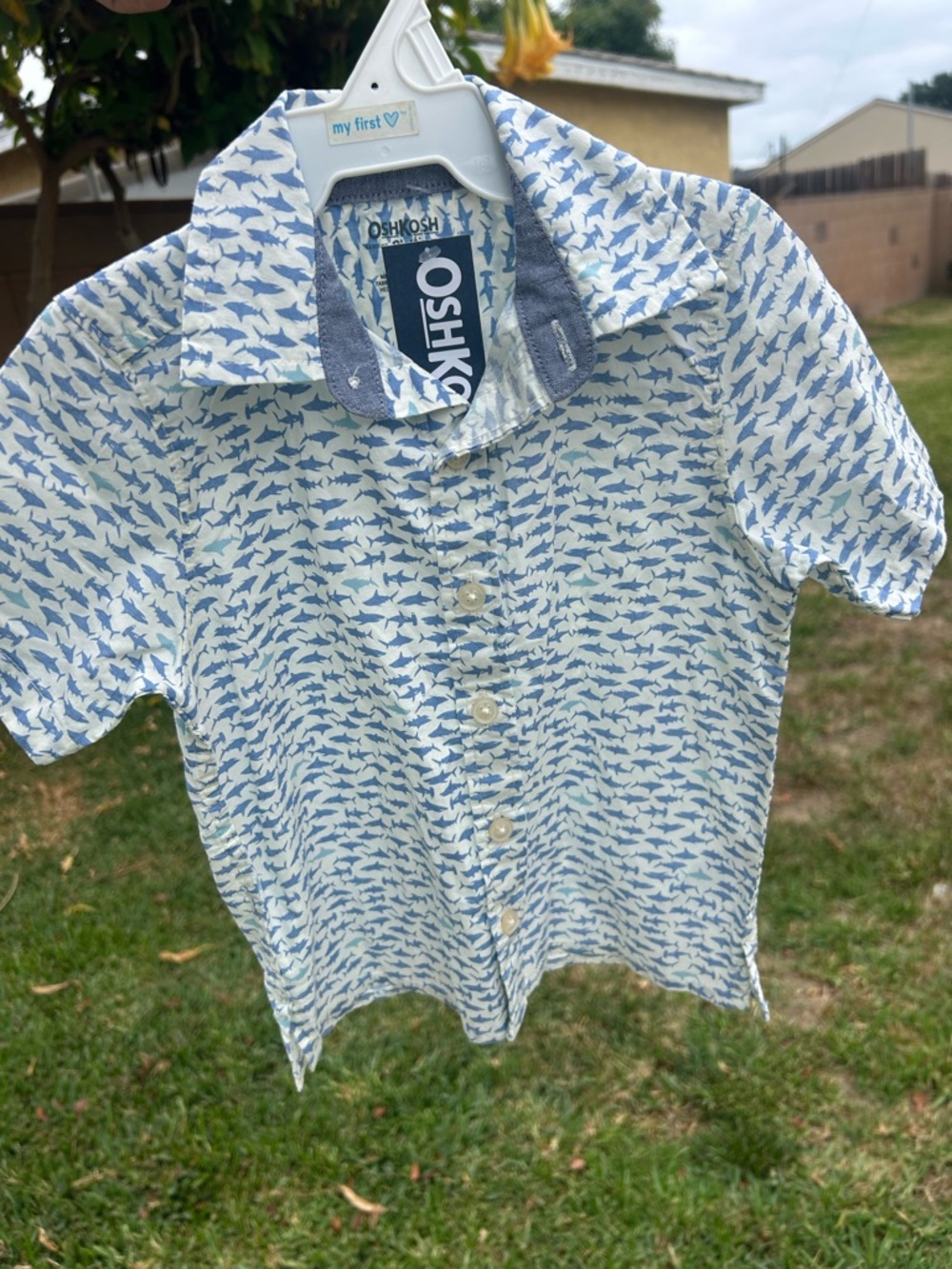 OshKosh B'gosh Light Blue & White Shark Print Short-Sleeve Button-Down